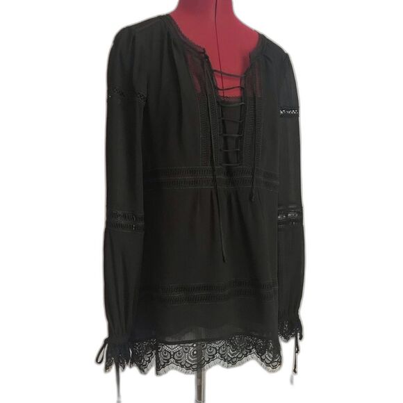 WHBM Karlee Boho Blouse Women's Size 8 Black Lace Trim Lace-Up Front Long Sleeve - Picture 5 of 16